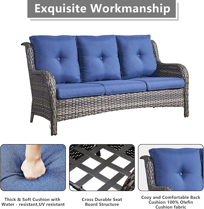 Rilyson 5 Piece Outdoor Patio Furniture Set - Rattan Wicker Patio Conversation Sets with 2 Swivel Rocker Chairs,2 Ottomans and 1 Sofa for Outside Porch Deck Backyard(Mixed Grey/Blue)