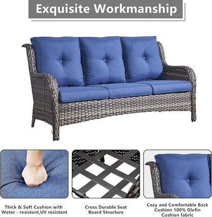 Rilyson 5 Piece Outdoor Patio Furniture Set - Rattan Wicker Patio Conversation Sets with 2 Swivel Rocker Chairs,2 Ottomans and 1 Sofa for Outside Porch Deck Backyard(Mixed Grey/Blue)
