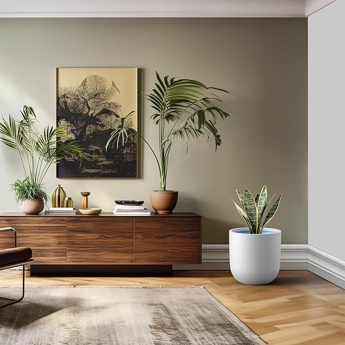 Kante 16.5" Round Concrete Planter, Large Cylinder Plant Pot with Curved Bottom and Drainage Hole, for Indoor and Outdoor Use – Garden or Patio, White Finish with Aqua Blue Interior