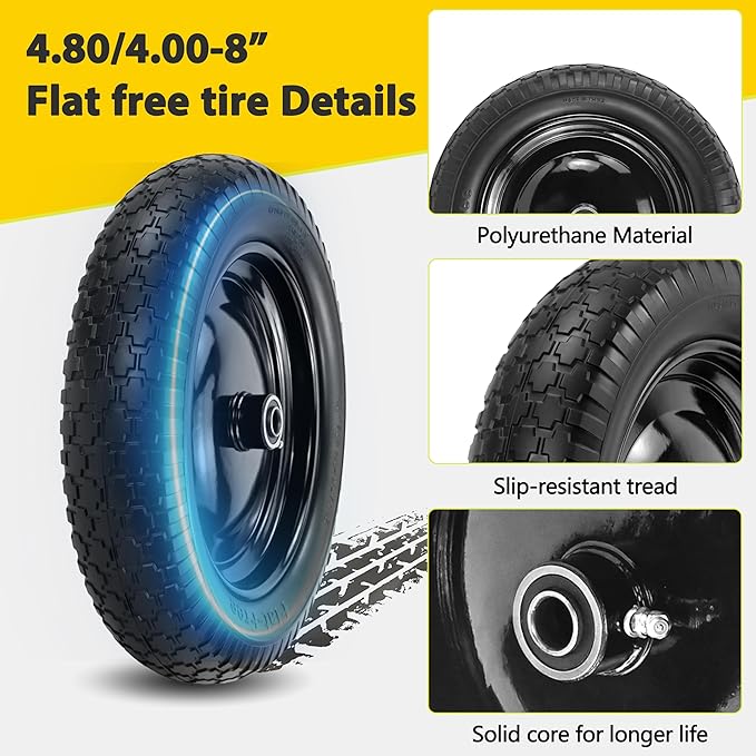 2PC 4.80/4.00-8 Flat Free Tire, 14.5 Wheelbarrow Tire and Wheel with 5/8" Bearings & Extra 3/4", 3-7" Centered Hub, 4.80/4.00-8 tire and wheel Fit for Gorilla Cart, Garden Cart/Hand Truck
