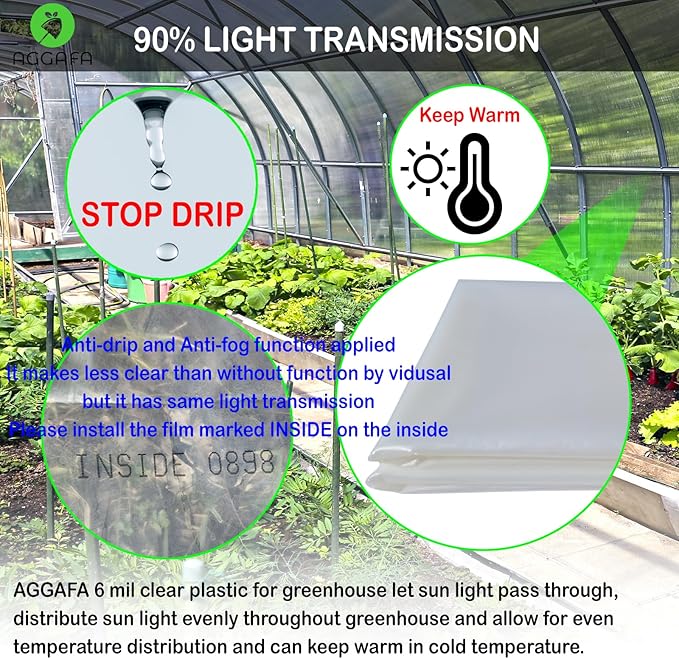 6 mil (12ft x 25ft) 100% Virgin Material. 5Layers Advanced Extrusion Technology for UV Protection, Anti-drip, Anti-Fog, Thermal and Strength. 4Years Lifetime UV Resistant Greenhouse Plastic