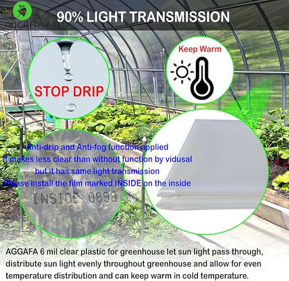 6 mil (24ft x 50ft) 100% Virgin Material. 5Layers Advanced Extrusion Technology for UV Protection, Anti-drip, Anti-Fog, Thermal and Strength. 4Years Lifetime UV Resistant Greenhouse Plastic