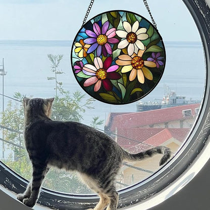 Stained Glass Window Hanging - Colorful Daisies Suncatcher for Door Garden Patio Retro Flower Sun Catchers Decor Christmas Mother's Day Birthday Gifts for Women Mom Nana Aunt Friend 6.3 in