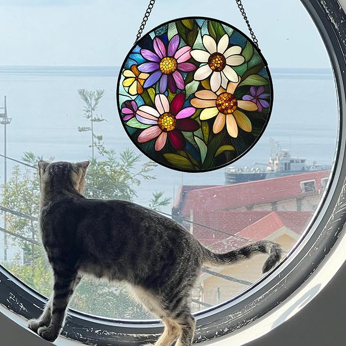 Stained Glass Window Hanging - Colorful Daisies Suncatcher for Door Garden Patio Retro Flower Sun Catchers Decor Christmas Mother's Day Birthday Gifts for Women Mom Nana Aunt Friend 15 in