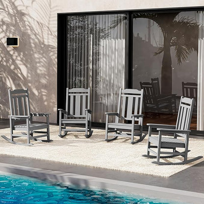 SERWALL Oversized Rocking Chair Set of 4 Outdoor, HDPE Outdoor Rocking Chair Set of 4, Grey