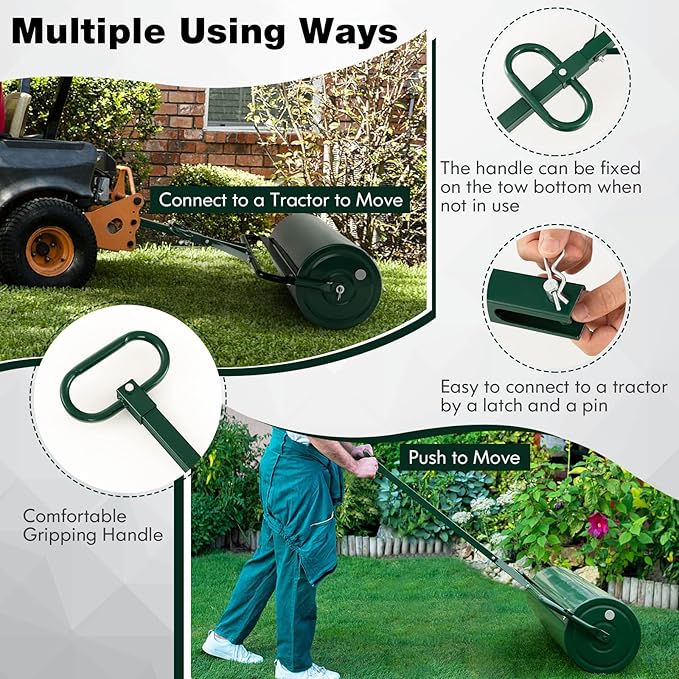 IRONMAX Lawn Roller, 17 Gallons/63 L Manual & Tow-Behind Steel Sod Roller w/Push Pull Handle, Lawn Rollers Tow Behind Water Filled for Yard, Park, Garden, Ball Field (17 Gallons, Green)