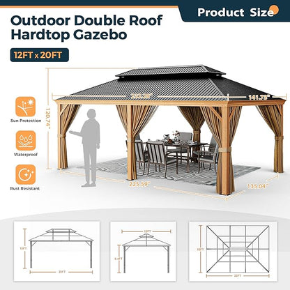 HAPPATIO 12' x 20' Hardtop Gazebo, Outdoor Wood Grain Aluminum with Galvanized Steel, Patio Double Roof Permanent Metal Gazebo Canopy with Netting and Curtains for Backyard, Patio, Deck (Brown)