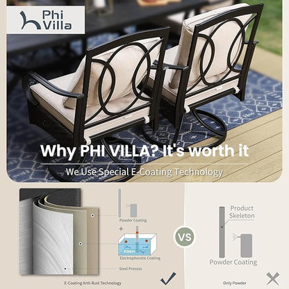 PHI VILLA Outdoor Swivel Chairs Set of 4, Heavy Duty Outdoor Metal Wicker Dining Chair with Thickened Cushions, Large All Weather Wrought Iron Patio Chair for Balcony