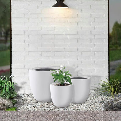 Kante 20",16.5",13.4" Dia Round Concrete Planters (Set of 3), Outdoor Indoor Modern Decorative Plant Pots with Drainage Hole & Rubber Plug for Home & Garden, Pure White