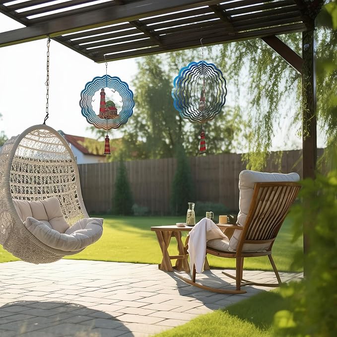 Lighthouse Wind Spinner,Metal Wind Spinners for Outdoor,3D Double Sided Hanging Beach Decor for Indoor,Outdoor,Unique Gifts for Women