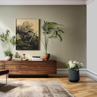 Kante 13.0" Dia Round Fluted Concrete Planter, Large Plant Pot with Drainage, Smooth Black Finish with Warm Brown Interior, for Indoor and Outdoor Use