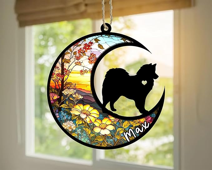 Personalized Dog Memorial, Custom Name American Eskimo Dog Christmas Ornament with Name, Custom Breeds, Pet Loss Light Catcher, Gifts for Lovers Loss of Pet Sympathy on Mothers Day Christmas