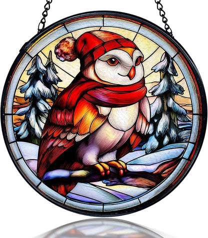 kdqua Christmas Winter Owl Suncatcher Stained Glass Window Hanging, Rustic Winter Owl Bird Sun Catchers Indoor Window Glass Round Wall Decor, Bird Wall Art Hanging Decorations Statues, 7.9x7.9in