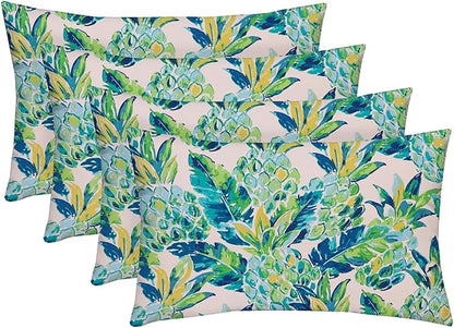 RSH DECOR: Lumbar Throw Pillows Set of 4 | 20” x 12" | All-Weather Spun Fabric | Water and Fade-Resistant | Outdoor Support Pillows for Patio Furniture | Vida Opal Blue Pineapple