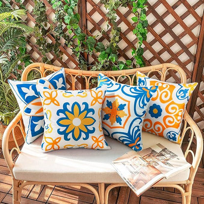 Outdoor Waterproof Throw Pillow Covers Set of 4 Floral Printed and Boho Farmhouse Outdoor Pillow Covers for Patio Funiture Garden 18x18 Inch Yellow