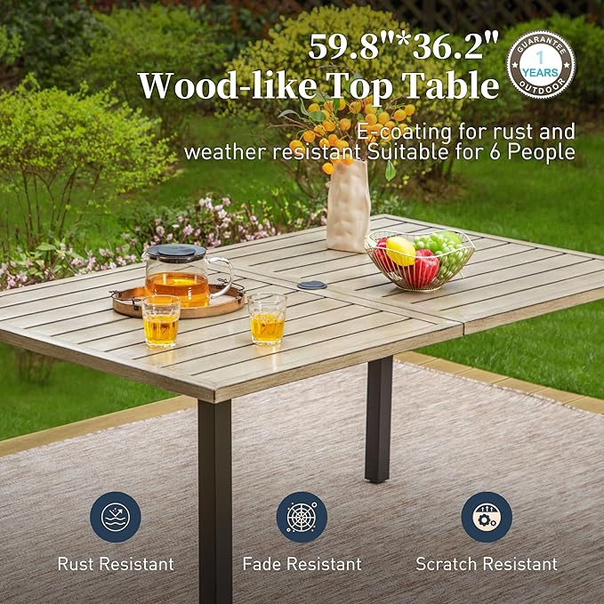 7 Piece Patio Dining Sets for 6, Outdoor Table and Chairs with Cushioned Wicker Swivel & Leg Patio Dining Chairs & Wood-Like Dining Table, Outdoor Dining Sets for Lawn Garden Backyard