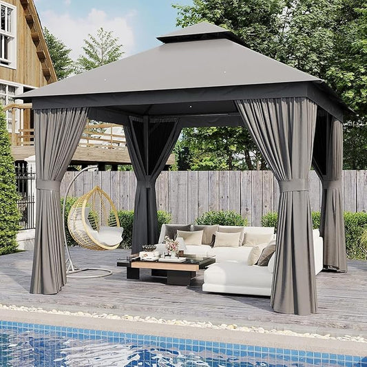 AOXUN Outdoor Gazebo for Patio 10x10, Metal Frame Canopy with Double Roofs, Heavy Duty Party Tent and Shelter with Mosquito Netting and Privacy Screen for Backyard, Lawn, Garden, Deck