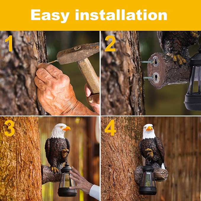 Eagle Tree Hugger with Solar Lantern - Resin Eagle Statue for Outdoor Garden Decor - Ideal Eagle Housewarming & Birthday Gifts for Grandma Mom Women