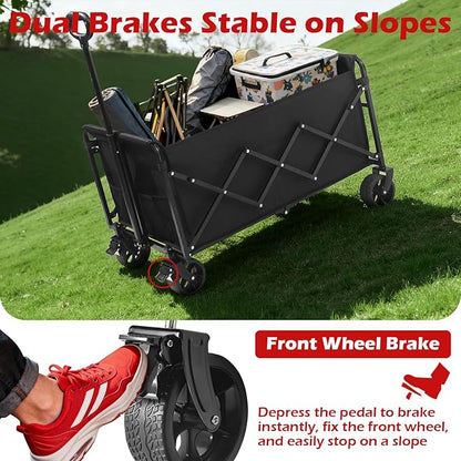 Collapsible Wagons Carts Foldable Wagon, 500LBS Wagon Cart Foldable Heavy Duty with Brakes & All-Terrain Wheels, Large Collapsible Folding Wagons for Beach Camp Sports Grocery, Portable (Black)
