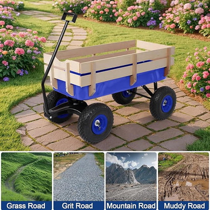 Outvita All-Terrain Cargo Wagon with 10'' Air Tires, Steel Structure Wagon with Removable Wooden Side Panels for Kids, Garden and Cargo, Up to 220lbs Capacity, 38'' L x 19'' W x 31'' H (Blue)