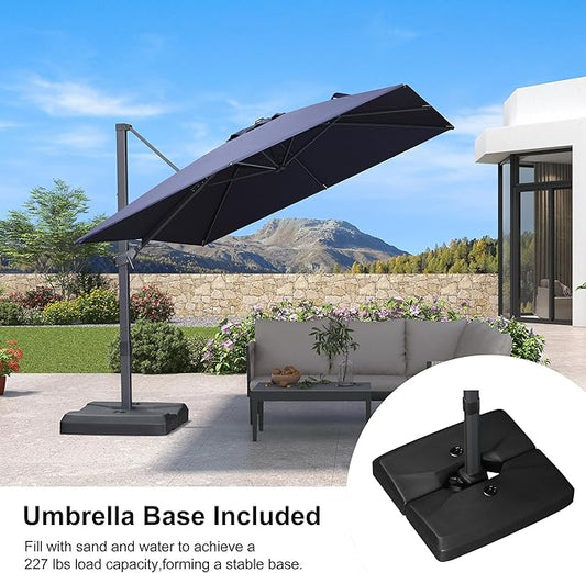 PURPLE LEAF 9' × 9' Patio Cantilever Umbrella with Base Outdoor Square Adjustable Offset Umbrellas with 360-degree Rotation and 8 Heavy Duty Metal Ribs for Garden Deck Pool Navy Blue