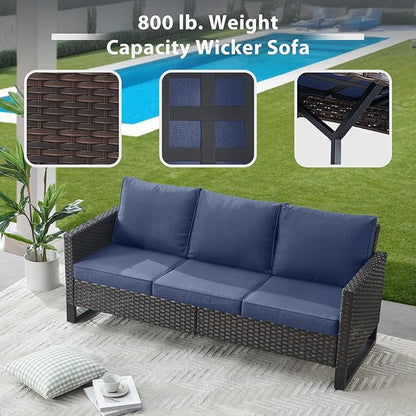 7 Piece Wicker Patio Furniture Set - Outdoor Swivel Rocker Chairs Set with Coffee Table, Side Table, 3 Seat Sofa & Ottomans, Small Patio Conversation Sets for Balcony Deck - Brown/Blue