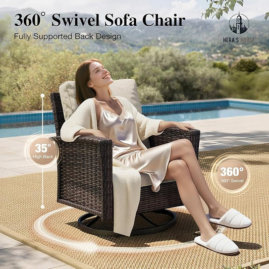 HERA'S HOUSE 8-Piece Outdoor Furniture Set with Fire Pit Table, Patio Conversation Set with 5.5" Thick Cushions & High Back Swivel Chairs, All-Weather Wicker Deep Seating Sofa with Ottomans, Beige