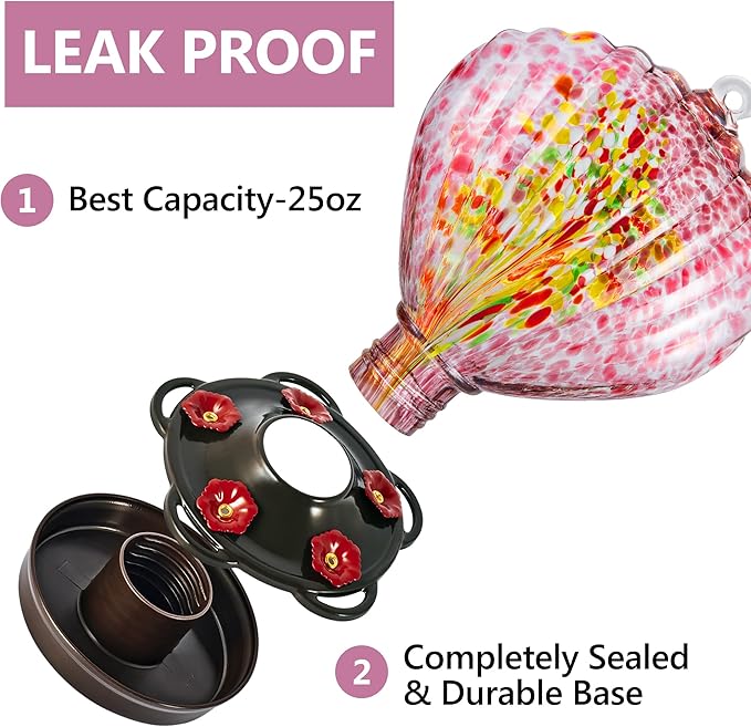 LUJII Seashell Shaped Hand Blown Glass Hummingbird Feeder for Outdoors Hanging, Rust Proof & Leak Proof, 25 fl.oz, Unique Gardening Gift for Friends, Garden & Backyard Decor, Purple