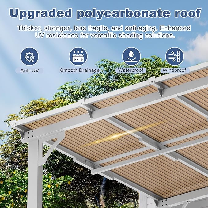 MEISSALIVVE Wall Mounted Lean to Metal Awnings - 12' x 20' White Sloped Roof Gazebo Pergola for Backyard Deck Patio, White