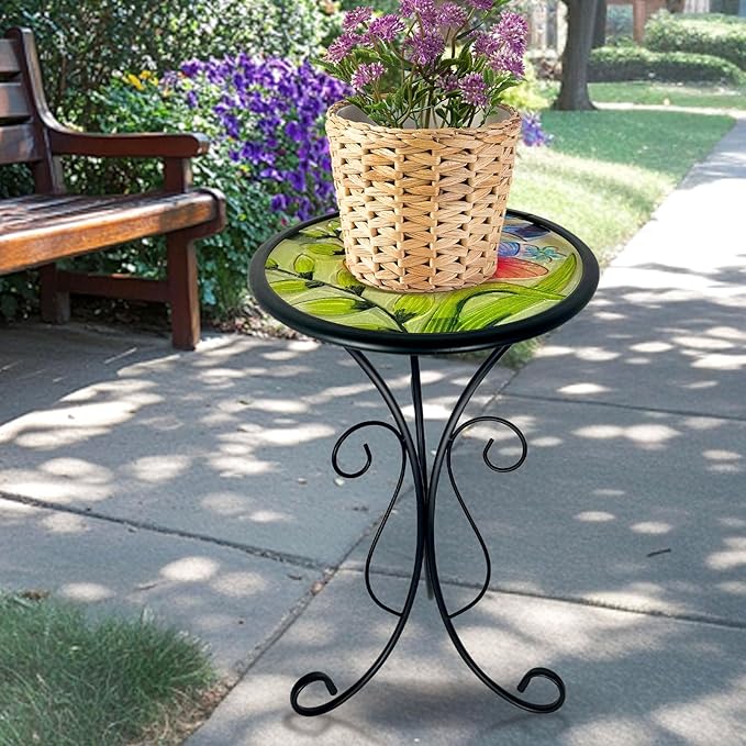 HONGLAND Outdoor Side Table, Small Outdoor Table, 12" Round Patio Side Table End Table, Glass Plant Stand, Small Bistro Coffee Table for Garden Patio Porch Living Room (Butterfly)