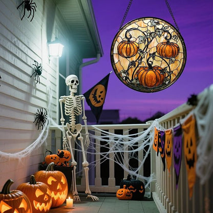 Stained Glass Window Hanging - Halloween Decoration Orange Pumpkin Vine Leaves Suncatcher for Door Garden Spooky Sun Catchers Gothic Decor Horror Gifts for Women Men Friend Boy Girl 6.3 in