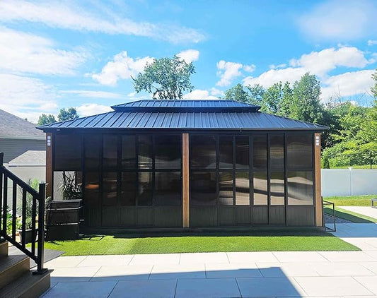 PURPLE LEAF 12' X 20' Sunroom Patio Hardtop Gazebo Double Top Galvanized Steel Roof Outdoor Screen House Aluminum Solarium Backyard Sun Room