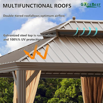 14' X 20' Hardtop Gazebo, Outdoor Galvanized Steel Double Roof Permanent Aluminum Frame Pavilion Pergola Canopy with Privacy Curtains for Garden, Patio, Backyard, Deck and Lawns.