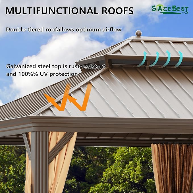 12' X 16' Hardtop Gazebo, Aluminum Wood-Looking Frame Outdoor Permanent Galvanized Steel Double Roof Pavilion Pergola Canopy with Privacy Curtains for Garden, Patio, Backyard, Deck and Lawns.