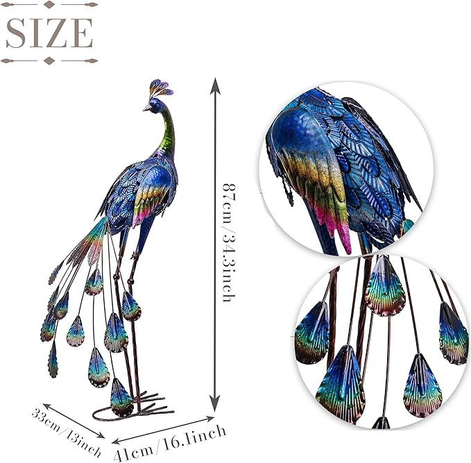 TERESA'S COLLECTIONS Outdoor Decor Peacock Yard Art Garden Sculptures & Statues for Porch Decor,35'' Blue Large Metal Bird Garden Decor for Outside, Yard Decorations Outdoor for Patio,Gifts for Mom