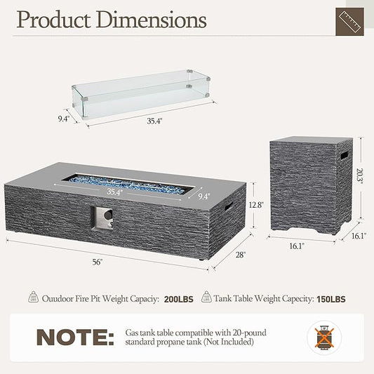 UPHA 56-inch Outdoor Propane Gas Fire Pit Table 50000 BTU Concrete Rectangle FirePit for Outside Patio with Propane Tank Cover, Wind Guad, Blue Glass Rocks, Rain Cover, Grey Horizontal Stripe