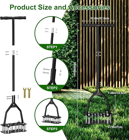 Lawn Aerator, Lawn Aerator Tool with 18 Iron Spikes, Automatic Leaf and Dirt Cleaning, Spring-Loaded Design, Manual Aeration Lawn Tool for Loosening Soil Aerating Patio, Garden Tools and Yard Tools