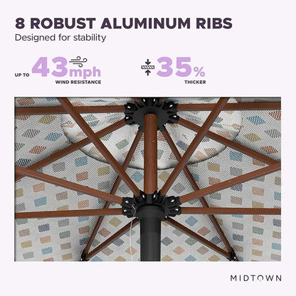 Midtown Umbrellas The Wooden 9 Feet Patio Umbrella With Sunbrella Infused Gem Acrylic Fabric - Aluminum Frame Market Umbrella For Backyard, Deck, Garden, Pool - Wooden Pole