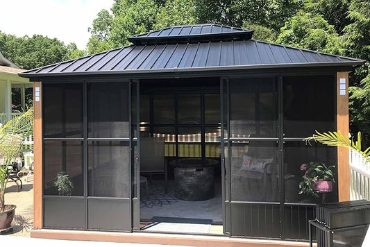 PURPLE LEAF 12' X 14' Patio Hardtop Gazebo Double Top Outdoor Screen House Aluminum Solarium Backyard Sun Room with Detachable Windows