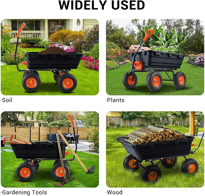 800Lb Heavy-Duty Poly Dump Garden Cart with Steel Frame, Utility Wagon with 10" Tires & Quick-Tilt System for Yard, Beach & Landscaping, Black