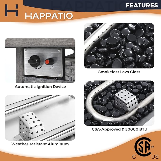 HAPPATIO 48inch 50,000 BTU Aluminum Patio Fire Pit,Wicker &Aluminum Rattan Square Propane Fire Pit Table.Propane Gas Fire Pit Table with Clear Glass Rock, Gray PE Rattan(Gray)