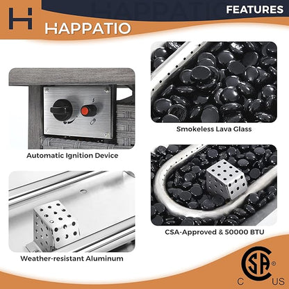 HAPPATIO 48inch 50,000 BTU Aluminum Patio Fire Pit,Wicker &Aluminum Rattan Square Propane Fire Pit Table.Propane Gas Fire Pit Table with Clear Glass Rock, Gray PE Rattan(Gray)