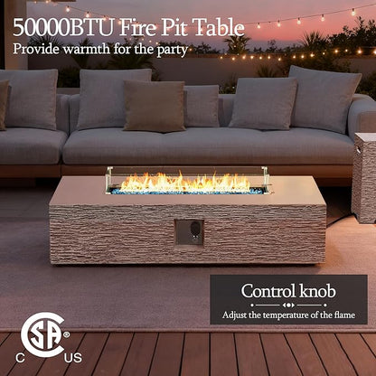 UPHA 56-inch Outdoor Propane Gas Fire Pit Table 50000 BTU Concrete Rectangle FirePit for Outside Patio with Propane Tank Cover, Wind Guad, Blue Glass Rocks, Rain Cover, Beige Texture