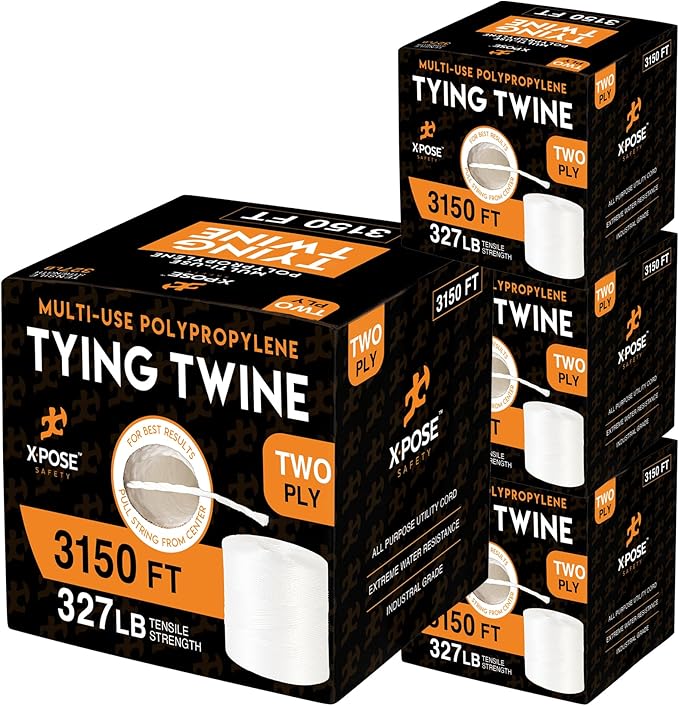 Polypropylene Tying Twine - 2 Ply White Plastic Poly String 4200' Roll - Soft On Hands - Heavy Duty Outdoor & Indoor Tie Line - Baling, Shipping & Bundling Twine, Packaging Rope 4 Pack