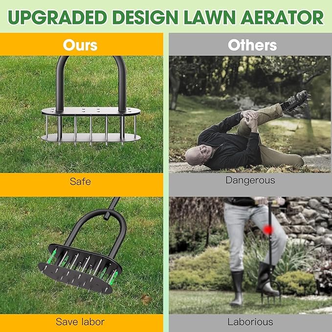 Lawn Aerator Spikes Aerating Tool, Manual Aeration Tools with Padded T-Handle, Wide Foot Plate, 15 3 Inch Solid Steel Spikes, Yard Aerators for Lawn Yard & Garden
