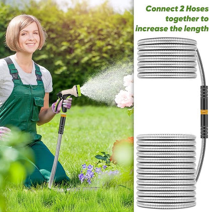 Garden Hose 75ft, Stainless Steel Heavy Duty Water Hose with 10 Function Nozzle Flexible, Lightweight, No-Kink, Pet Proof, Puncture Proof Metal Hose for Yard, Outdoor