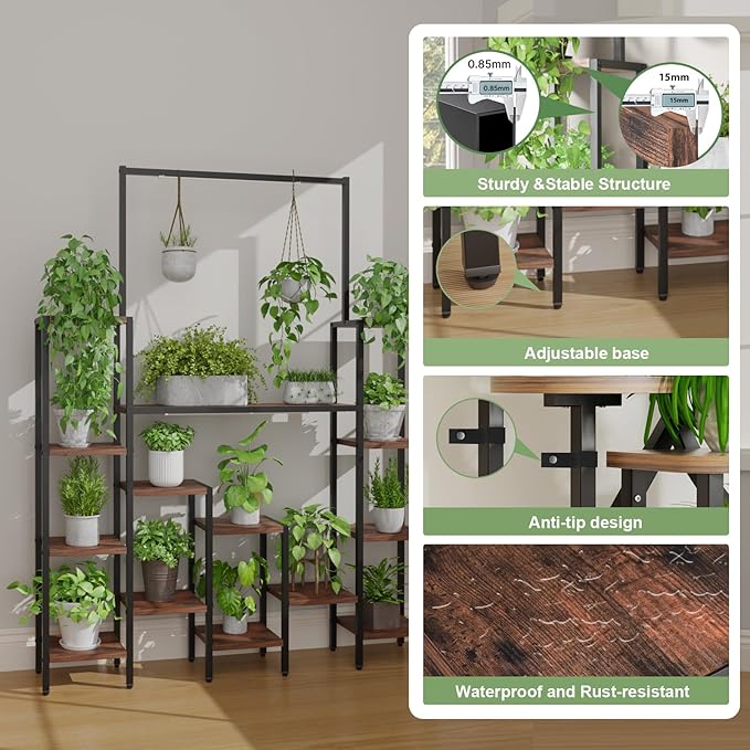 Plant Stand Indoor with Grow Light-14 Tiered Metal Plant Stand, 61.5" Tall Metal Plant Shelf for Multiple Plants, Large Plant Rack with Grow Lights, Sturdy Corner Flower Holder for Living Room Decor