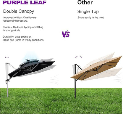 PURPLE LEAF 12ft Solar powered LED Patio Umbrella Outdoor Round Umbrella Large Cantilever Umbrellas with LED lights Windproof Offset Umbrellas Heavy Duty Sun Umbrella for Garden Deck Pool Patio, Black