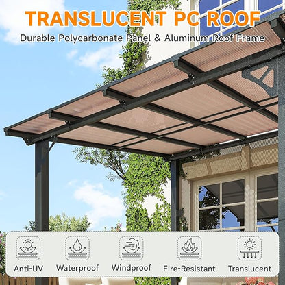 10x16FT Lean to Gazebo, Hardtop Metal Pergola with Polycarbonate Roof, Large Wall Mounted Heavy Duty Awnings, Patio Canopy for Backyard, Deck, Porch
