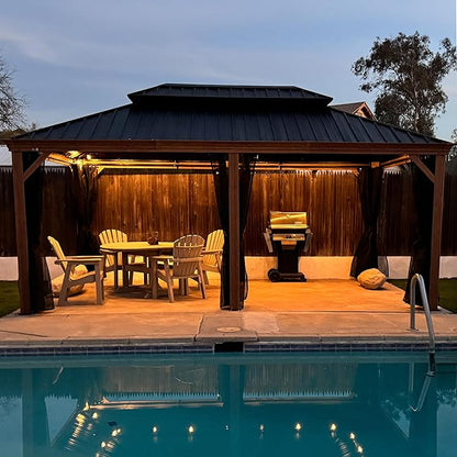 PURPLE LEAF 12' X 20' Outdoor Hardtop Gazebo for Patio Galvanized Steel Double Roof Permanent Canopy Teak Finish Coated Aluminum Frame Pavilion Gazebo with Netting and String Lights